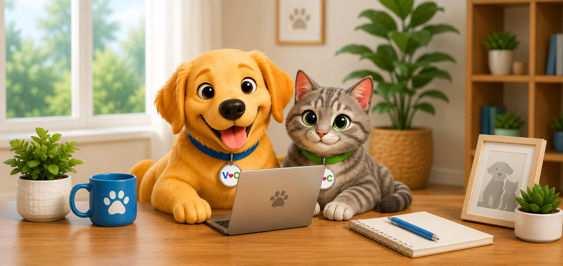 Golden retriever puppy and gray tabby cat sitting at a laptop, ready to help you explore pet insurance